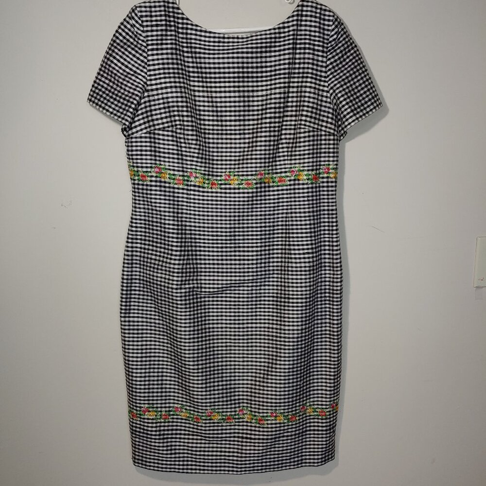 Maggy London 100% Silk Gingham Embroidered Lined Midi Dress Sz 16 Black White